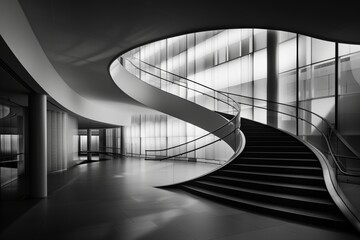 Poster - A spiral staircase in a large, empty room. The staircase is made of glass and is very tall