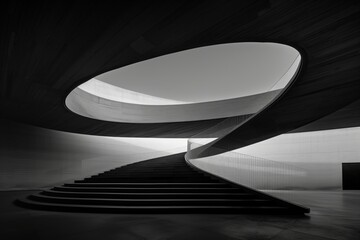 Fototapete - A spiral staircase is shown in a black and white photo. The staircase is surrounded by a dark room, which creates a sense of mystery and intrigue