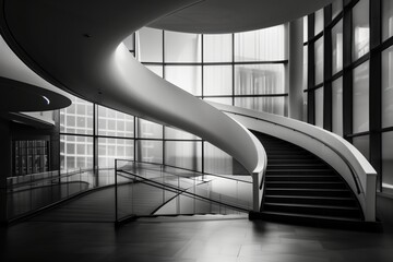 Poster - A spiral staircase in a building with a glass ceiling. The staircase is made of black and white tiles