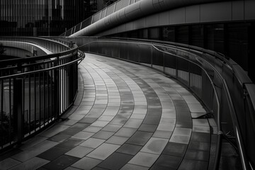 Poster - A long, narrow walkway with a black and white color scheme. The walkway is made of bricks and has a metal railing. The image has a moody and mysterious feel to it, as the black
