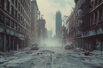 Poster - A city street littered with debris after a natural disaster or urban decay