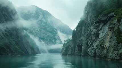 Wall Mural - A solitary boat floats on a peaceful lake surrounded by lush greenery