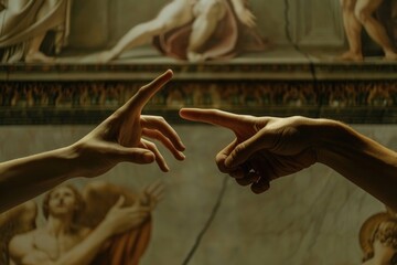 Poster - Two hands reaching towards each other in front of a painting, suitable for use in art or cultural context