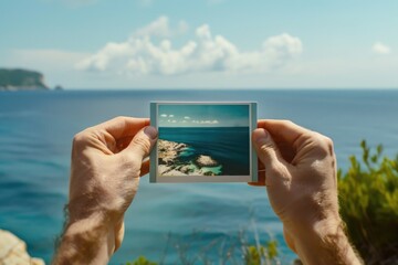 Aufkleber - A person holding an image of the ocean, suitable for use in travel or nature-themed projects
