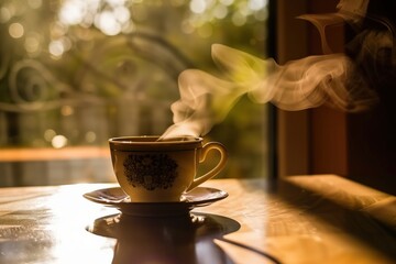 A cup of coffee is sitting on a table with steam rising from it. The steam creates a warm and cozy atmosphere, inviting the viewer to imagine themselves sitting at the table