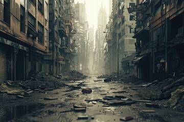 Poster - A neglected urban area covered in trash and rubble, suggesting neglect or disaster