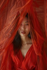 Poster - A woman wearing a bright red dress stands under a red cloth, possibly at an outdoor event or celebration