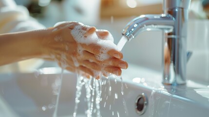 A woman is washing her hands with soap under the tap to maintain good hygiene