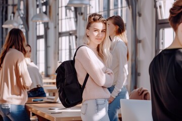 A group of young people are gathered in an office building with large windows, and one woman with a backpack looking directly at the camera.