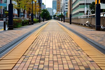 A brick walkway with a few trees in the background. The walkway is empty and the sky is clear