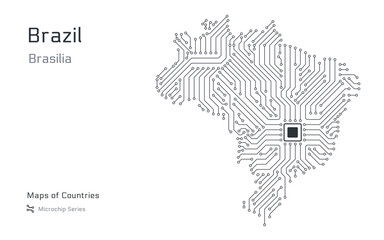 Wall Mural - White vector map of Brazil created from a microchip pattern, with the capital Brasilia depicted as a microchip