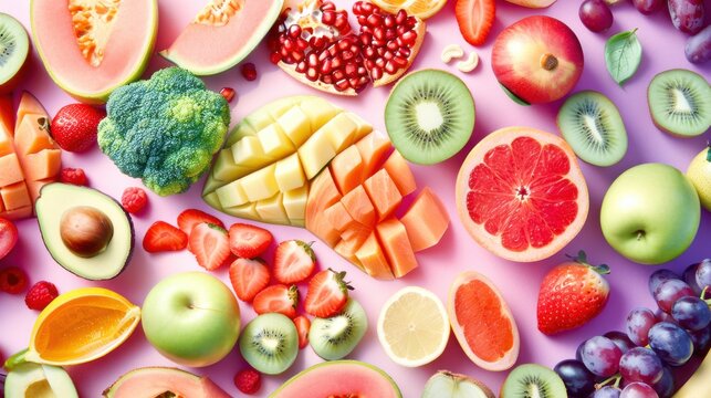 Colorful display of mango, papaya, kiwi, grapefruit, avocado, strawberries, and grapes on pink surface