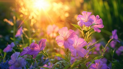 Wall Mural - Purple Flowers in the Garden Under the Morning Sun in Summer