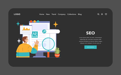 Poster - SEO dark or night mode web, landing. Enthusiastic man analyzing website