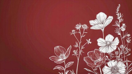 Poster - Artistic red background with delicate white hand-drawn flowers, creating a unique and stylish design.