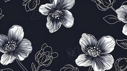 Poster - White hand-drawn flowers on a sleek black background, presenting a beautiful and artistic pattern.
