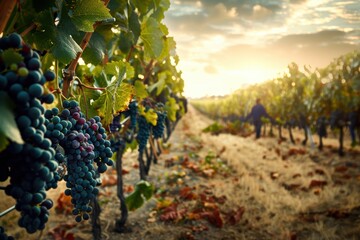 A close-up view of ripe grapes hanging from a vine in a vineyard bathed in the warm glow of the setting sun