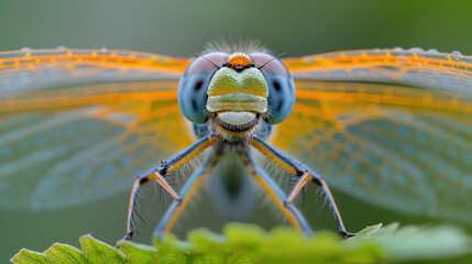Close-up of a dragonfly's face, showcasing its intricate compound eyes, vibrant orange and blue patterns, and delicate wings, with a green, natural background