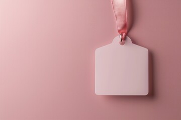 A pink blank tag hangs from a pink ribbon on a soft pink background, ideal for labeling or gift tags in a minimalist, feminine, and elegant style image.