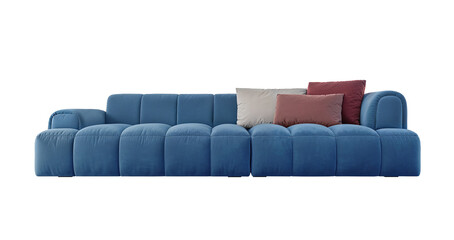 Blue modern sofa with color pillow.Isolated PNG.Generative AI