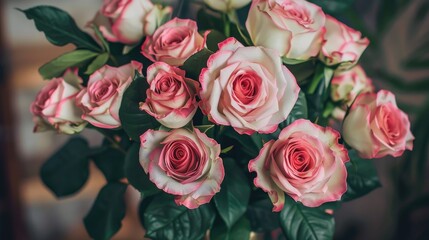 Canvas Print - Pink roses with white centers arranged in a vase with green leaves portraying beauty and elegance symbolizing love