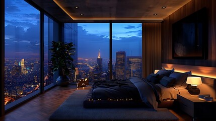 Wall Mural - A luxurious penthouse bedroom at night, bathed in dark, moody lighting with a large floor-to-ceiling window offering a stunning view of the city skyline