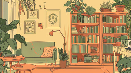 Wall Mural - Cozy living room with plants and bookshelves