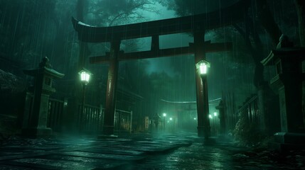 Poster - inside shinto shrine, highly detailed, torii gates, moodily lit, ground level, night time