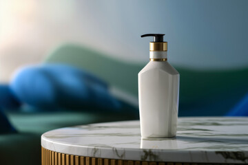 Wall Mural - A bottle of soap sitting on a marble table in front of blue pillows, AI