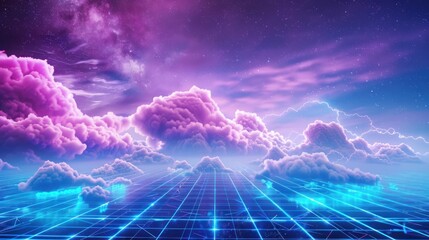 Wall Mural - Neon Grid and Purple Clouds in a Starry Night