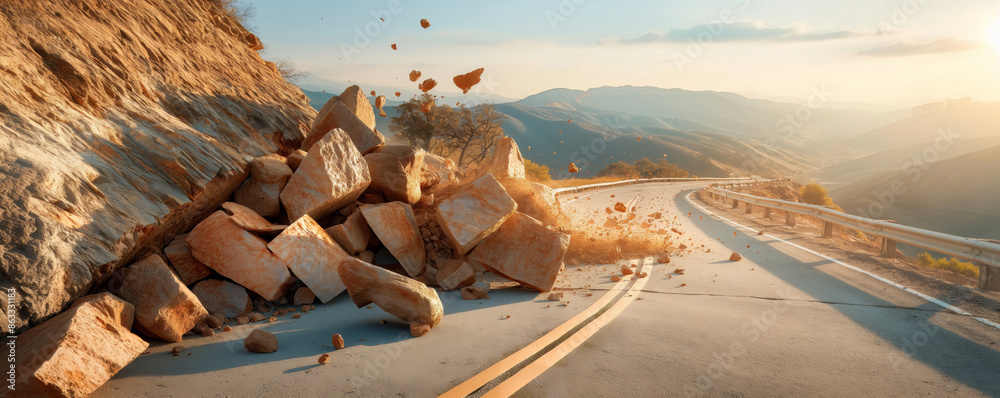Falling Roadside Rocks A breathtaking image showing large fallen rocks blocking a winding ...