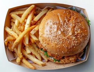 Wall Mural - Close-Up of a Sesame Seed Burger and Fries