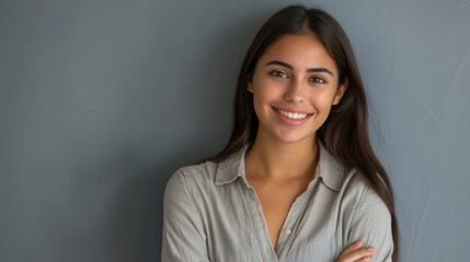 Wall Mural - A young Latina woman with long brown hair smiles pleasantly while standing against a grey wall with her arms crossed. Generative AI