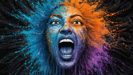 Wall Mural - A woman's face painted with colored paint and splashed in the air, AI