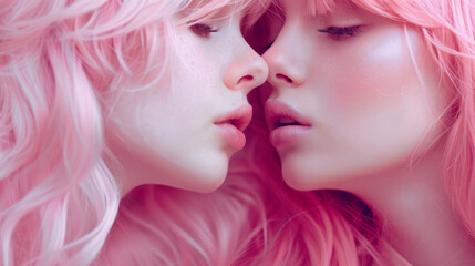 Portrait of a two young female girls woman with pink hair kiss each other. Lesbian couple romance love Valentines day LGBT Pride concept background.