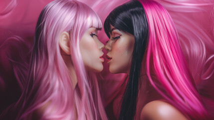 Portrait of a two young beautiful girls women with black and pink hair kiss each other. LGBT Pride lesbian couple. Queer community background