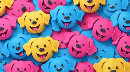 Playful colorful geometric puppies with bright smiles in neon watercolors on simple forms