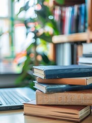 Aufkleber - A stack of books sits beside a laptop computer, showcasing modern learning methods against a backdrop of a bookshelf. Generative AI