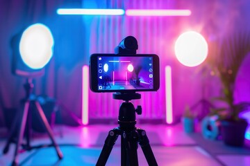 Fototapete - A smartphone is mounted on a tripod, recording a video in a studio setting with neon lights and other video equipment. Generative AI