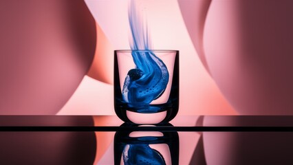 Poster - A glass of blue liquid is flowing in a cup, AI