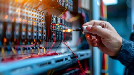 Closeup of an electrical engineer using measuring equipment to check electricity at a circuit breaker and cable wiring system for maintenance in the main power distribution board