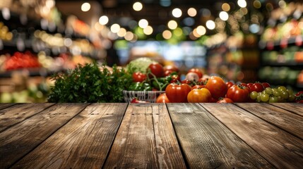 wooden counter product display with blurred perspective background of shelf grocery store. 