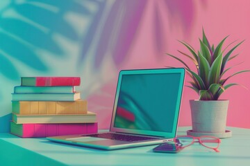 Aufkleber - A laptop computer sits open on a desk alongside a stack of textbooks, symbolizing the modern methods of learning. Generative AI
