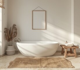 A poster mockup in a cozy nomadic bathroom interior background, rendered in 3D