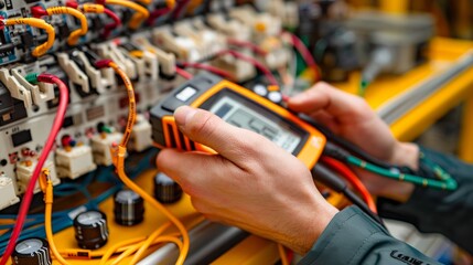 Electrician performing measurements with a multimeter tester