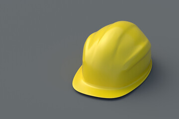 Yellow safety helmet on gray background. Plastic hard hat. Equipment for construction industry. Protection at work. Copy space. 3d render