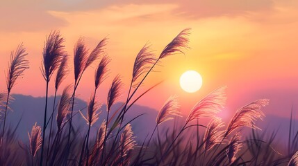 Pampas grass and sunset landscape background
