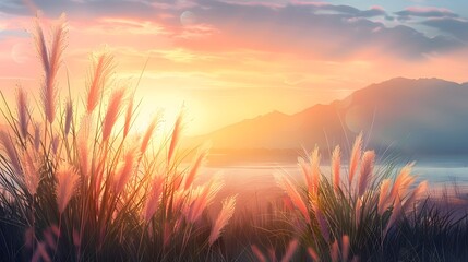 Pampas grass and sunset landscape background
