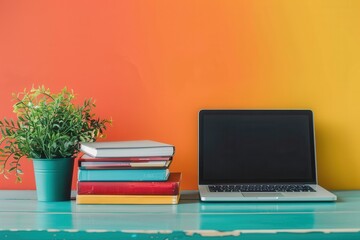 Leinwandbilder - A laptop computer and a stack of textbooks sit on a turquoise table against a vibrant orange and yellow wall, highlighting the modern methods of learning. Generative AI