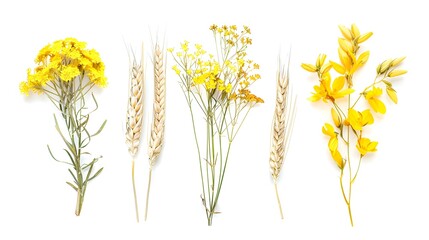 Ripe cereals plants oats,wheat and canola isolated on a white background. Collection of agricultural crops.
